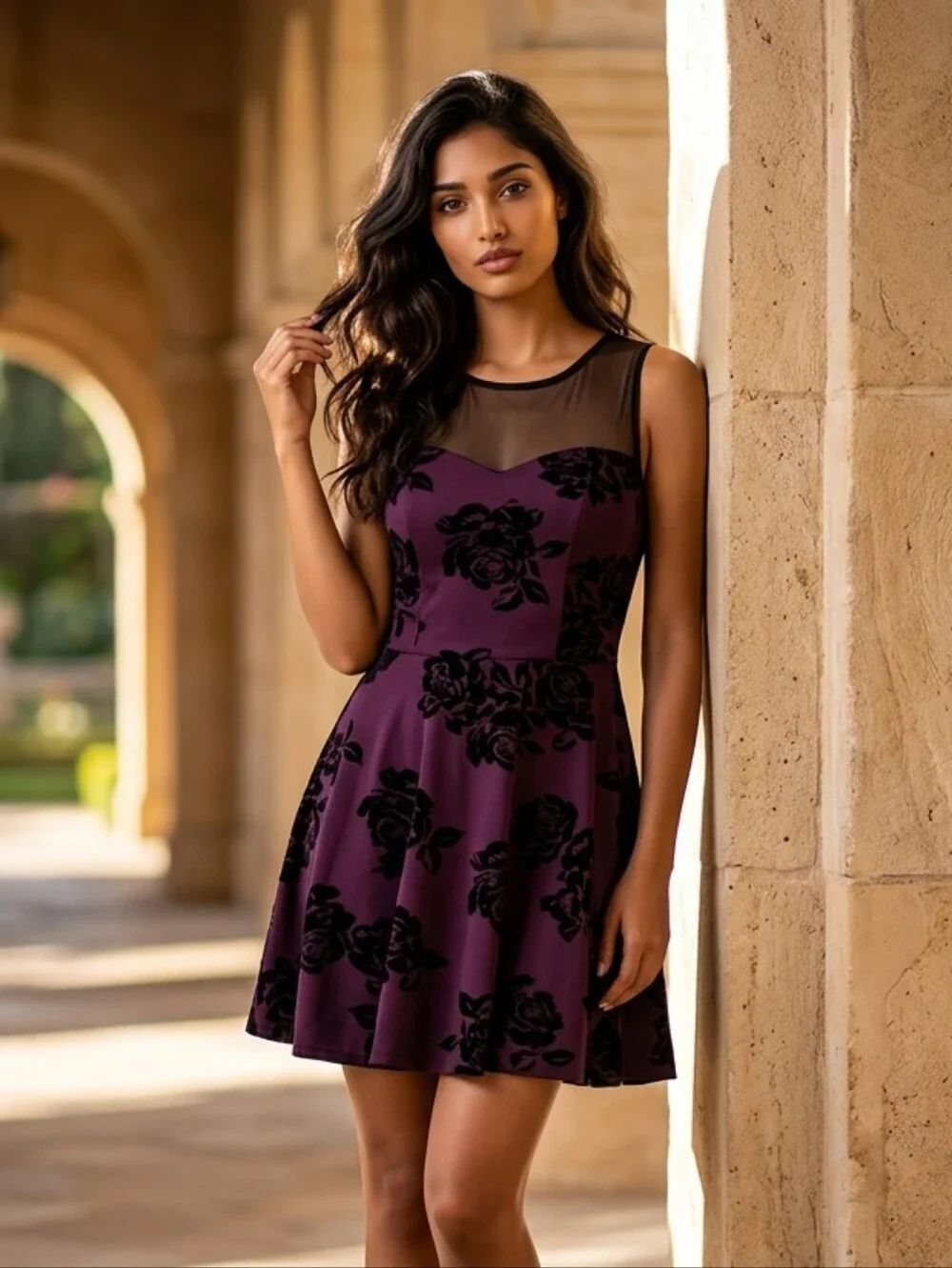 Wine Velvet Floral Skater Dress Illusion Mesh Party Club Mini XL Dark Romance